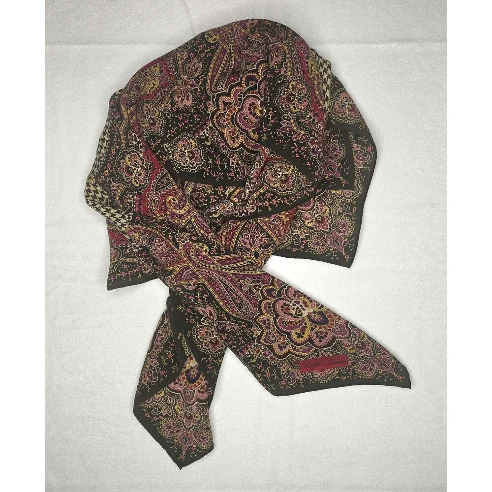 Ralph Lauren Paisley & Houndstooth Check Silk Scarf Olive Green & Magenta 32x32